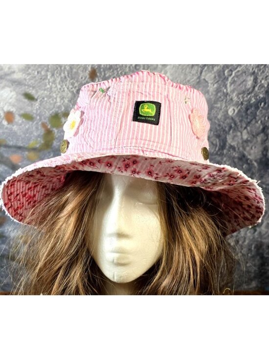 OOAK Handmade Boho Indie Pink John Deere Upcycle Bucket Hat Adjustable M 22\
